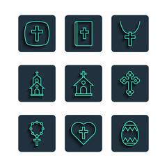 Set line Rosary beads religion, Christian cross in heart, Easter egg, chain, Church building, and icon. Vector