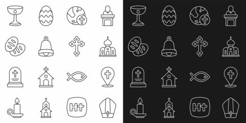 Set line Pope hat, Location church building, Church, Christian cross with globe, bell, bread, chalice and icon. Vector