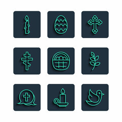 Set line Christian cross, Burning candle in candlestick, Dove, Basket with easter eggs, and Willow leaf icon. Vector