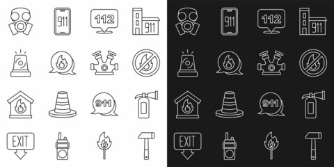 Set line Hammer, Fire extinguisher, No fire, Emergency call, Flasher siren, Gas mask and hydrant icon. Vector