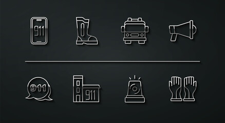 Set line Mobile emergency call 911, Emergency, Megaphone, Flasher siren, Building of fire station, Fire boots, Firefighter gloves and truck icon. Vector