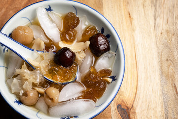 Healthy and delicious Chinese Icy Cold Dessert. Boiled Dates, jujube, peach gum and longans 