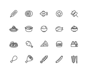 Collection of Food linear icons. Set of meat, meal, snack symbols drawn with thin contour lines. Vector illustration.