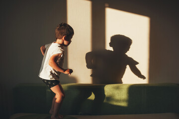 Boy playing on the couch, jumping and looking at his shadow on the wall. Sunny home. Children education.