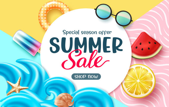 Summer sale vector banner design. Summer sale text with special discount in colorful background for tropical holiday shopping and travel promo ads. Vector illustration.
