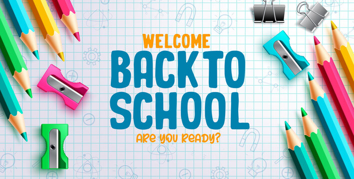 Back to school vector background design. Back to school text with color pencil and educational supplies element in grid pattern for school items decoration. Vector illustration.
