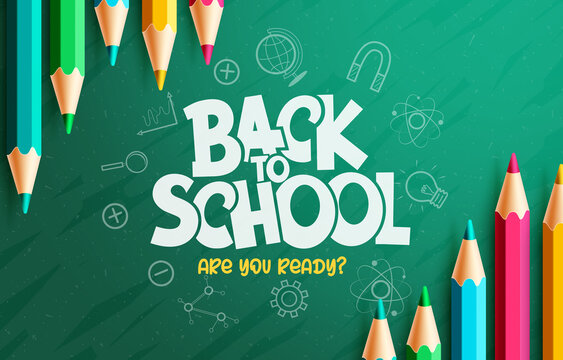 Back to school vector background design. Back to school text with color pencil and doodle in chalkboard element for student class learning. Vector illustration.
