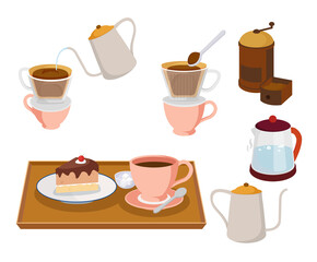 Hand drip Coffee, Dessert illustration set. The process of making coffee Vector drawing. Hand drawn style.