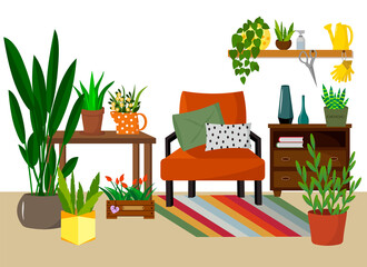 Balcony garden - chair with cushions, chest of drawers and various flowers. Place for rest with flowers and boxes for seedlings. Vector illustration. For use in brochures, flyers, advertising illustra