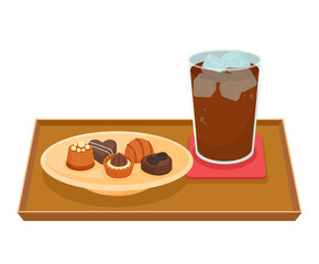 Ice coffee and Dessert icon illustration set. chocolate, sweet, beverage vector, caffeine.  Vector drawing. Hand drawn style.