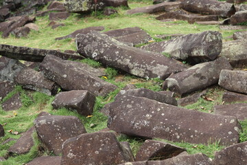 elongated rock formations piled together to form a pyramid at the megalithic site of gunung padang located in cianjur west Java Indonesia