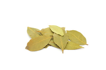Dried bay laurel leaves or Laurus nobilis spice isolated on white background.