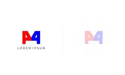 pictogram monogram combination letter M and number 4, with red and blue color, made with geometric shape