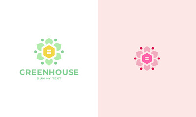 logogram pictogram for greenhouse, combination house and abstract flower, with pastel color, simple modern style