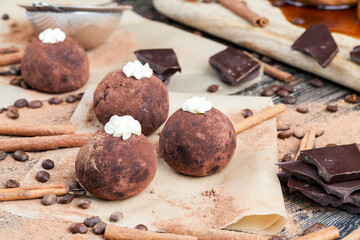 spherical chocolate cake with cocoa, cinnamon and coffee