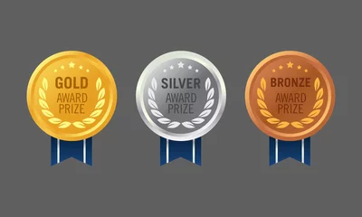 Fotobehang Vector illustration of gold, silver, and bronze medal. Suitable for design element of realistic award medal prize, best category achievement, and product warranty label template. © KMPro