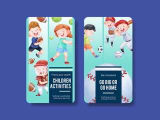 Instagram template with American sport kids concept,watercolor style