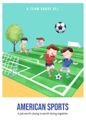 Poster template with American sport kids concept,watercolor style