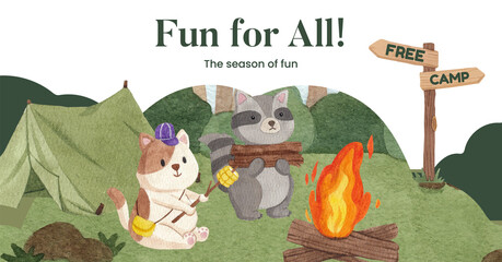 Facebook template with animal camping summer concept,watercolor style