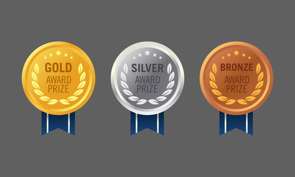 Vector illustration of gold, silver, and bronze medal. Suitable for design element of realistic award medal prize, best category achievement, and product warranty label template.