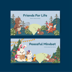 Tweet template with animal camping summer concept,watercolor style