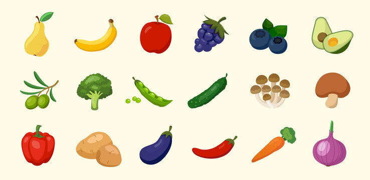 fruit and vegetable illustration set. set of apple, banana, avocado, potato, onion. Vector drawing. Hand drawn style.