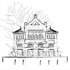 Black and white sketch of the Cirebon City Train Station, West Java, Indonesia. Vector illustration