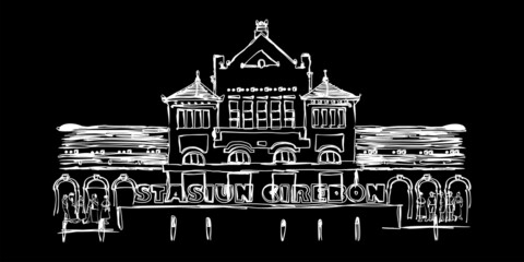 Black and white sketch of the Cirebon City Train Station, West Java, Indonesia. Vector illustration
