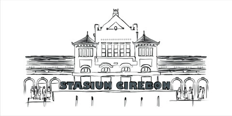 Black and white sketch of the Cirebon City Train Station, West Java, Indonesia. Vector illustration