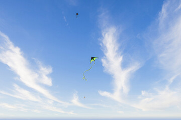Obraz na płótnie Canvas kite in the sky distant view blue sky and white clouds