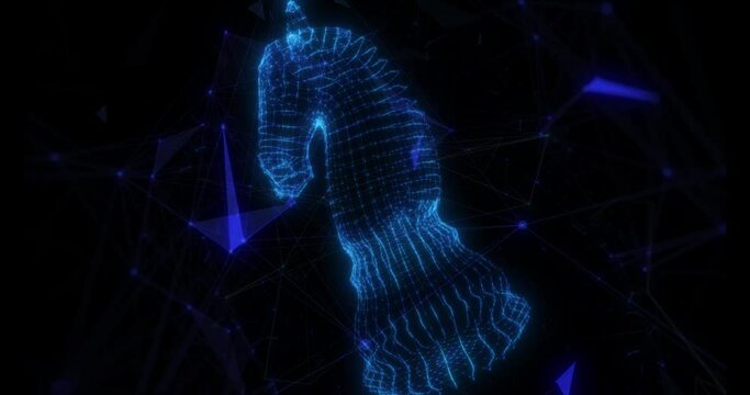 3d rendering 4k loop rotation through wireframe neon glowing symbol of chess Knight figures with bright dots and triangle on dark background with blurred plexus on the floating environment.