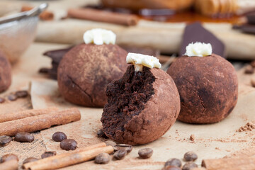 spherical chocolate cake with cocoa, cinnamon and coffee