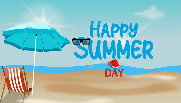 Vector Summer Vacation Illustration with sun loungers and umbrella, Typographic Letters on Blue Ocean Landscape Background.
