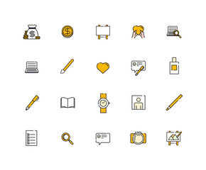 Collection of school linear icons and color icons. pencil, ballpoint pen, notebook, eraser, print. Set of study, school bus symbols drawn with thin contour lines.