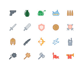 Collection of Weapon color icons. Set of Bow, Sword symbols drawn with thin contour lines. Vector illustration.