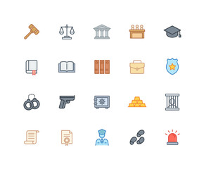 Collection of Court color icons. Set of Legal, Police symbols drawn with thin contour lines. Vector illustration.
