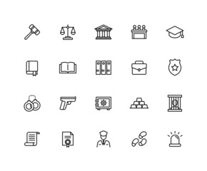 Collection of linear color icons. Set of Legal, Police symbols drawn with thin contour lines. Vector illustration.