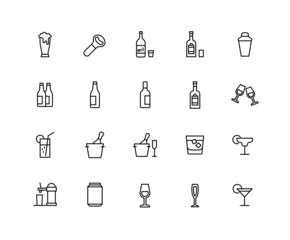 Collection of Alcohol linear icons and color icons. Set of Beer, Bar symbols drawn with thin contour lines. Vector illustration.