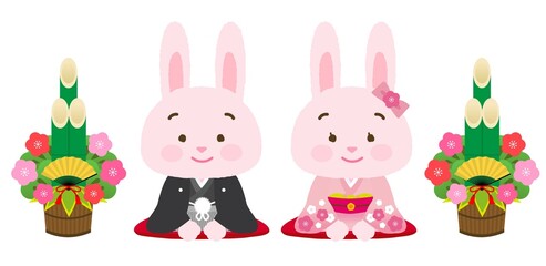 イラスト素材：着物姿のかわいい干支シリーズ　卯年カップルと正月飾りの門松　うさぎ/男女/新年のご挨拶
