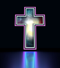 Fototapeta premium Neon shine thin line christianity cross with reflection as entrance to universe filled with stars. 3D render