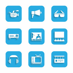 Set Online play video, Retro tv, Movie clapper, Cinema auditorium with screen, Headphones, Movie, film, media projector, 3D cinema glasses and camera icon. Vector