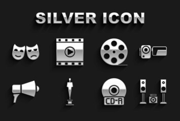 Set Movie trophy, Cinema camera, Home stereo with two speakers, CD or DVD disk, Megaphone, Film reel, Comedy and tragedy masks and Play Video icon. Vector