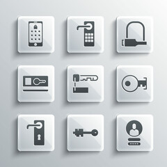 Set Old key, Create account screen, Key, Marked, Door handle, card, Mobile graphic password and Bicycle lock icon. Vector