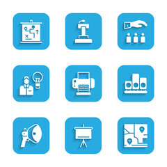 Set Printer, Chalkboard, Folded map with location, Ranking star, Megaphone, Human lamp bulb, Boss employee and Planning strategy concept icon. Vector