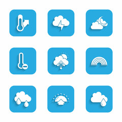 Set Cloud with snow and sun, Sunrise, rain, Rainbow, Meteorology thermometer, moon and icon. Vector