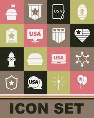 Set Balloons, Hexagram sheriff, USA Independence day, graphic tablet, Cake and Shield with stars icon. Vector