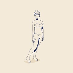 Illustration of a beautiful fashion model posing in a stylish swimsuit. Young attractive woman in bikini. Sketch style outline