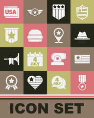 Set Medal with star, American flag, Man hat ribbon, Shield stars, Burger, USA browser and Independence day icon. Vector