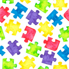 A seamless background of brightly colored puzzle pieces drawn in watercolor on white.