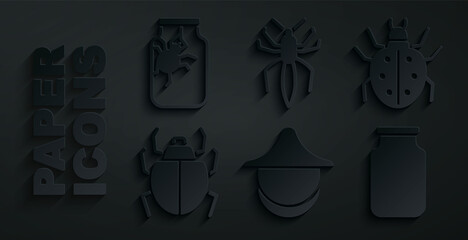 Set Beekeeper hat, Mite, Glass jar, Spider and in icon. Vector